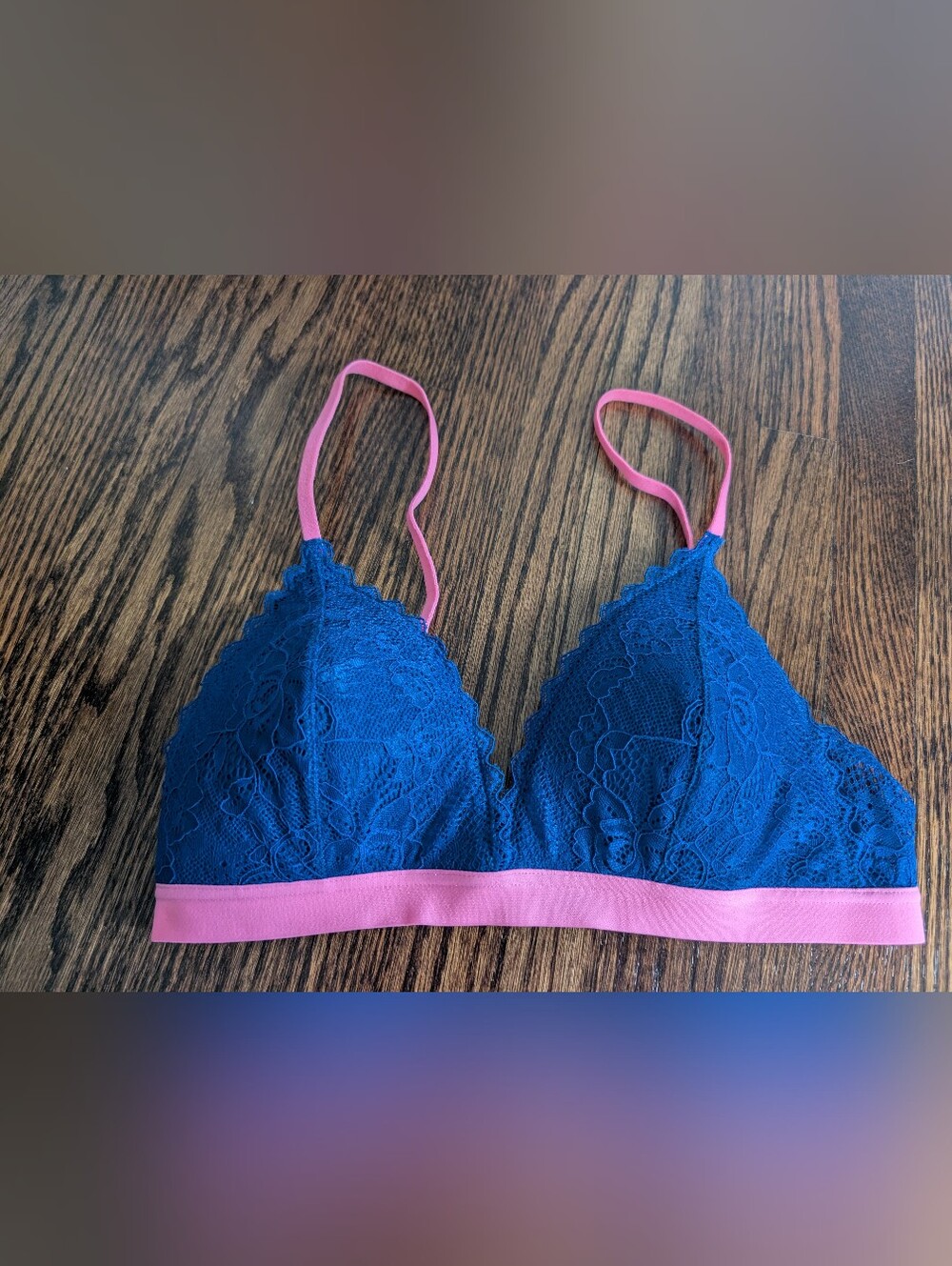 Stripe & Stare Blue Lace Bralette with Pink Trim